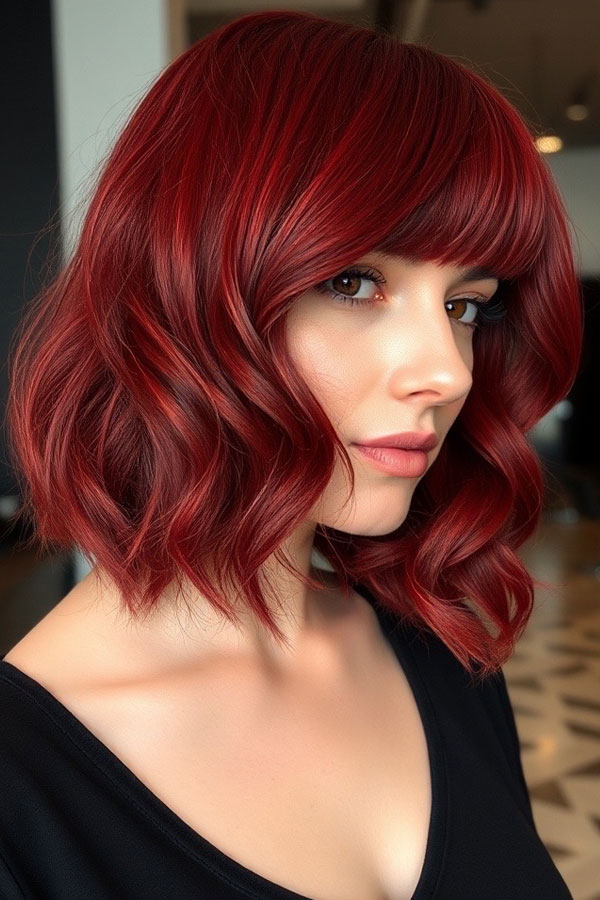 Vibrant Cherry Soft Wave Bob with Blunt Bangs, red hair shade, fall hair color, autumn hair colour