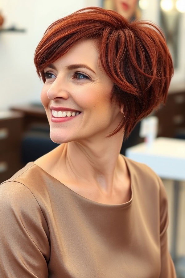 Vibrant Copper Red Pixie, pixie hair cut for women over 50, pixie hair colour for women over 50