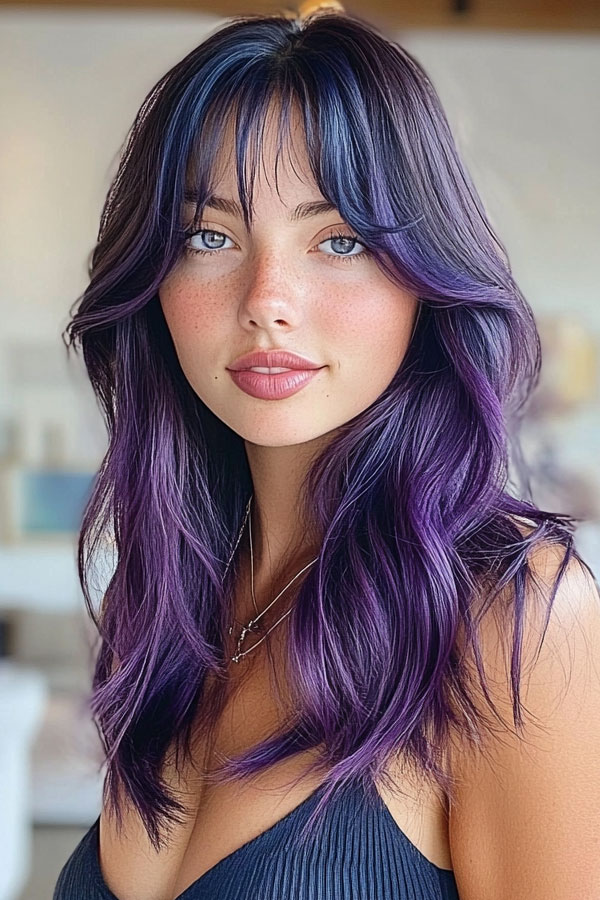 Vibrant Purple Ombre with Textured Layers, layered haircut with fringe for long hair