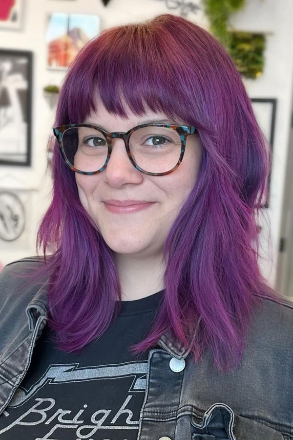 50 Chic Shoulder-Length Haircuts with Bangs : Vibrant Purple Shag with Blunt Bangs