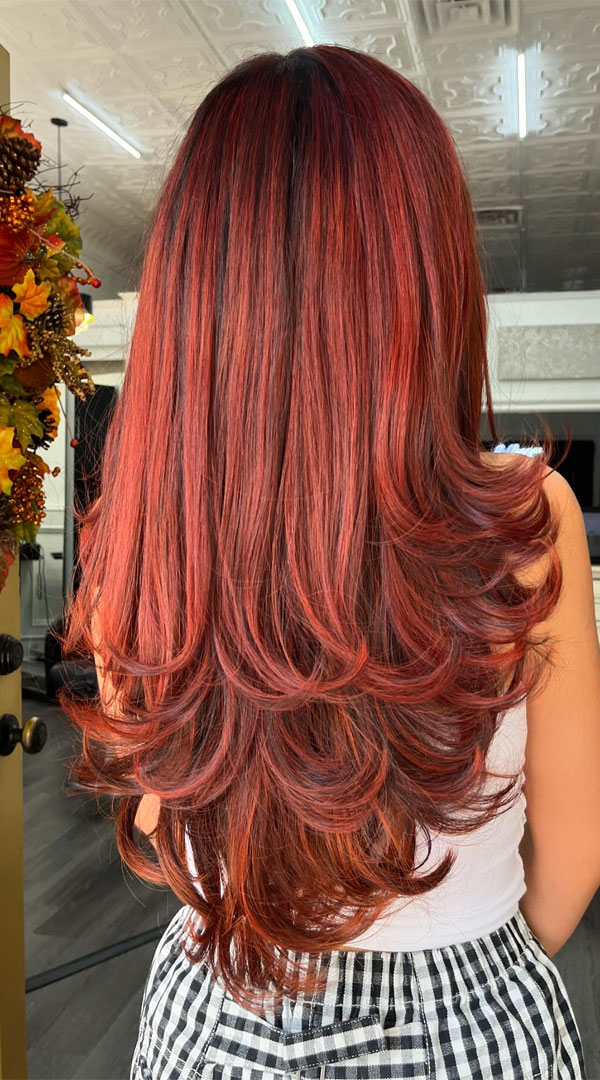 Vibrant Red Layers with Bold Dimension, Chic Long Layered Haircuts for Straight Hair, long layers, long layered haircuts