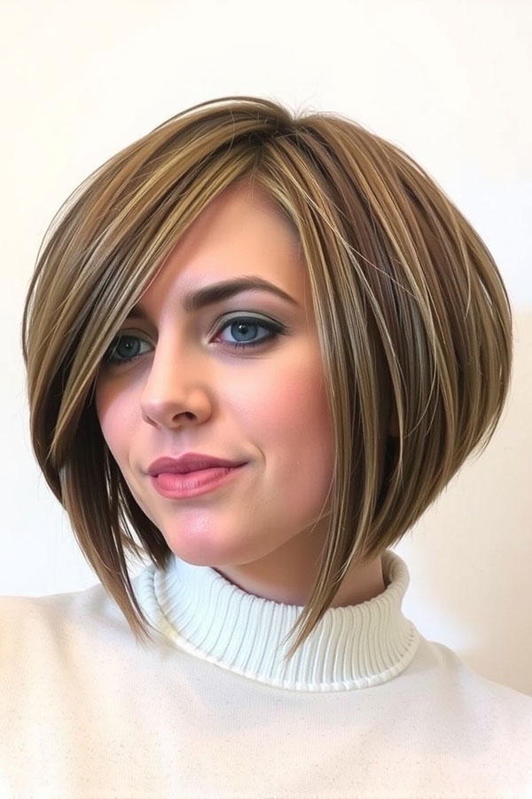 35 Angled Bob Haircuts For A Modern Look : Voluminous Angled Bob with Caramel Highlights