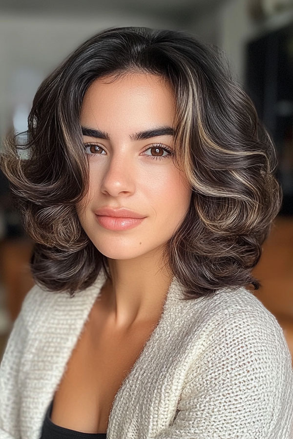 25 Medium-Length with Beautiful Hair Colours : Voluminous Curled Bob with Subtle Highlights