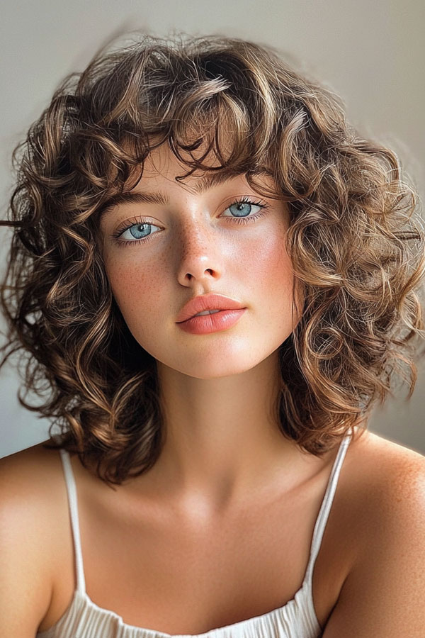 50 Chic Shoulder-Length Haircuts with Bangs : Voluminous Curly Bob with ...