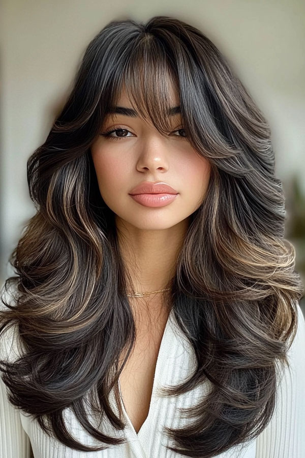 50 Layered Haircuts with Fringe For Long Hair : Voluminous Layered Curls with Subtle Highlights