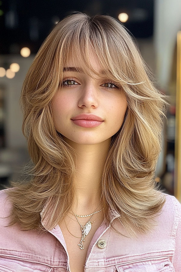 25 Medium-Length with Beautiful Hair Colours : Warm Blonde Soft Butterfly Layers with Curtain Bangs