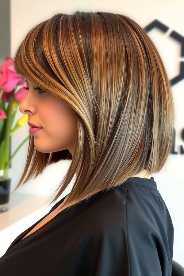 Warm Brunette Angled Bob with Golden Highlights and Soft Bangs