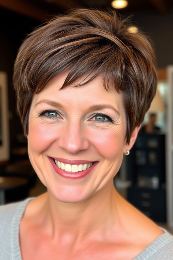 Warm Brunette Pixie with Layers, pixie hair cut for women over 50, pixie hair colour for women over 50