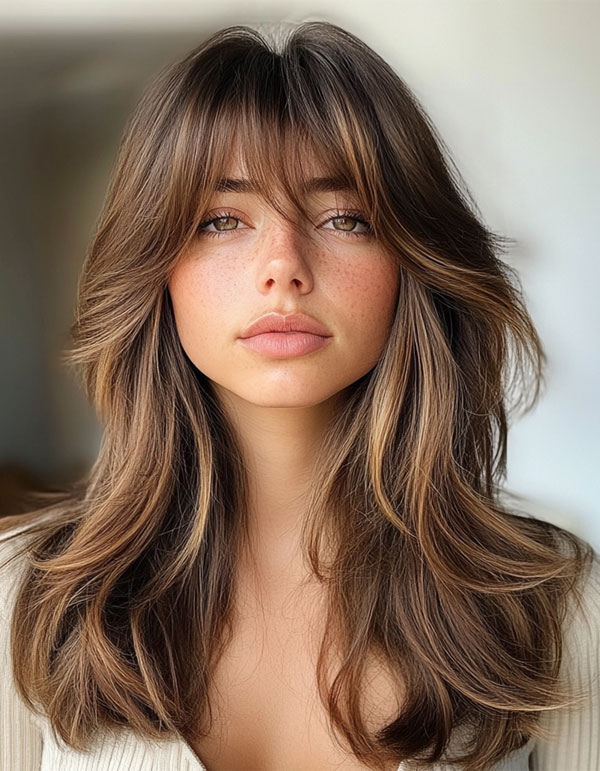 Warm Chestnut Layers with Soft Bangs, layered haircut with fringe for long hair