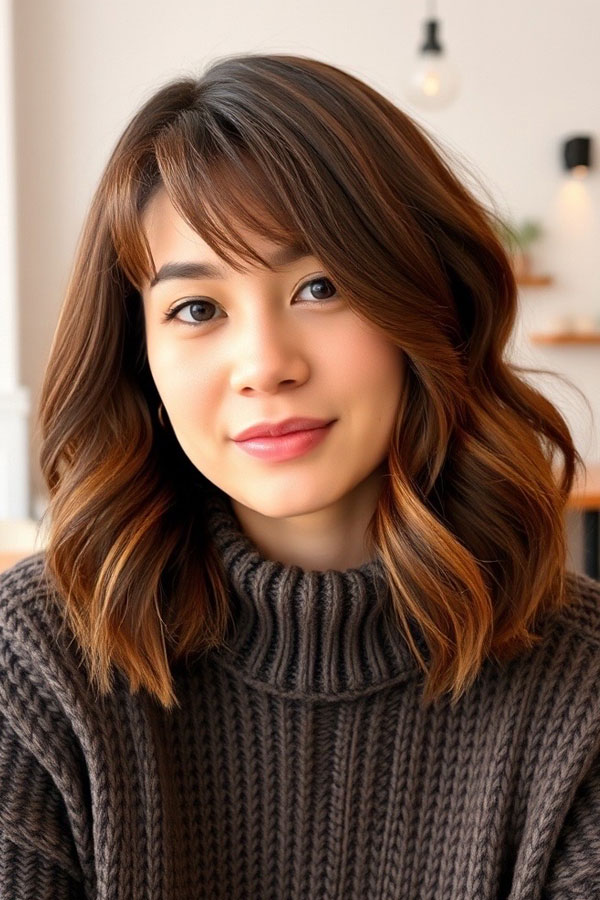 Warm Cinnamon Wavy Long Bob, medium length hairstyle with beautiful hair color