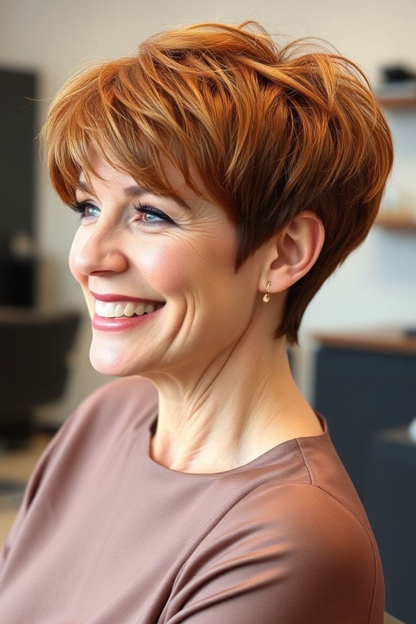 Warm Copper Pixie, pixie hair cut for women over 50, pixie hair colour for women over 50