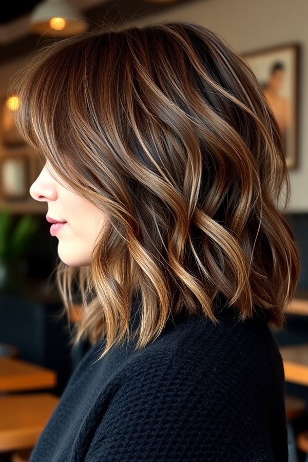 Wavy Brunette Lob with Subtle Highlights, medium length haircut with blonde highlights