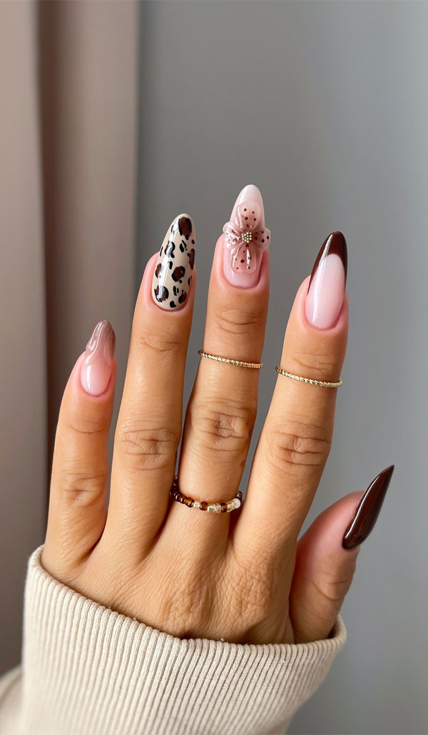 30 Cute Autumn Nail Designs to Fall For This Season : Wild & 3D Floral Chic Combo Nails