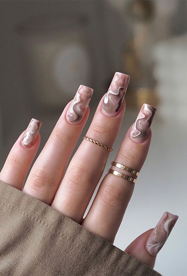 Neutral Marble Nails, fall nail designs, autumn nail designs