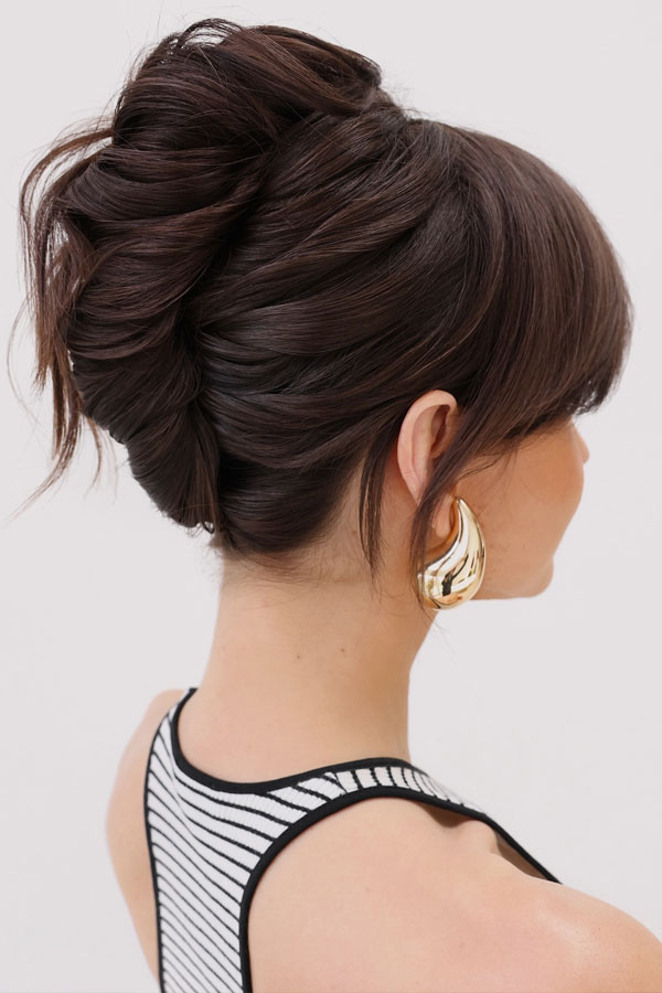 Sleek French Twist with Bangs, Updo Hairstyle, updo wedding hairstyle