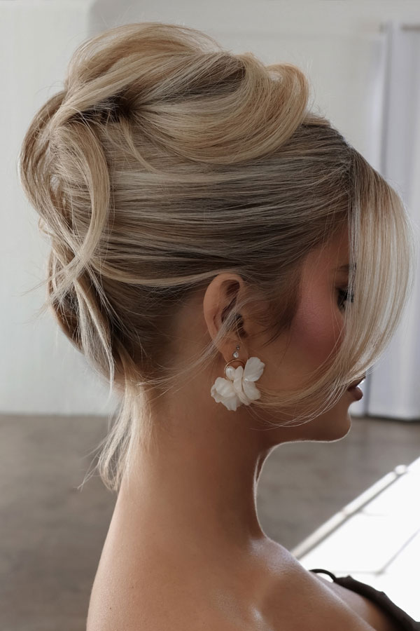 Voluminous Bouffant Updo with Curtain Bangs, Updo Hairstyle, updo wedding hairstyle