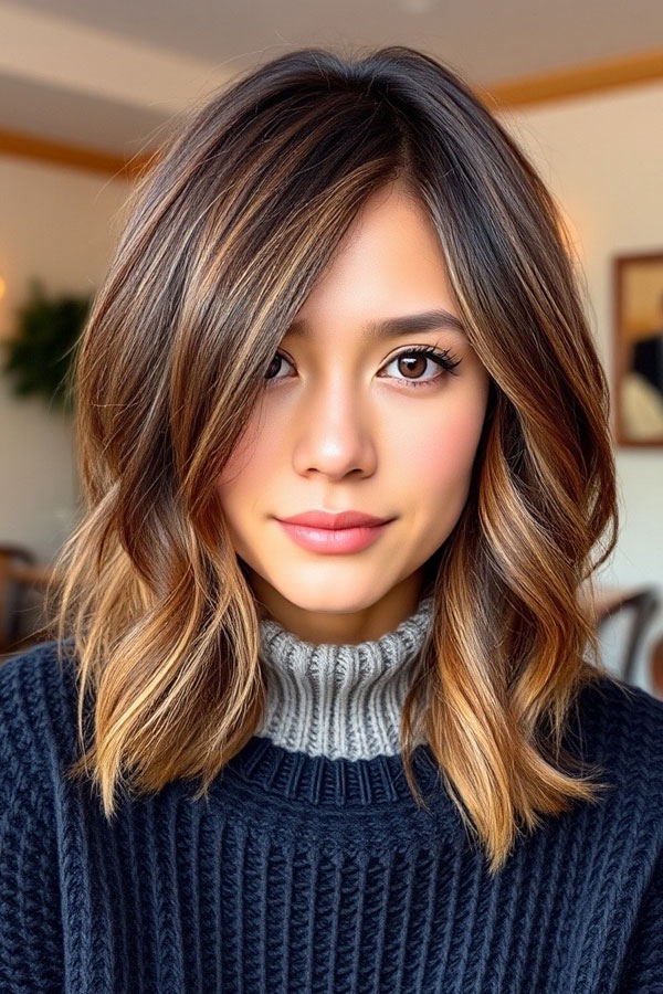 Warm Caramel Medium Length Hairstyle, autumn hair colour