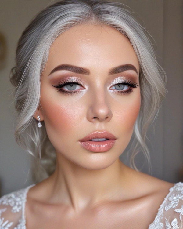 42 Bridal Makeup Looks for Every Hair Colour : Elegant Silver and Warm Peach Bridal Look