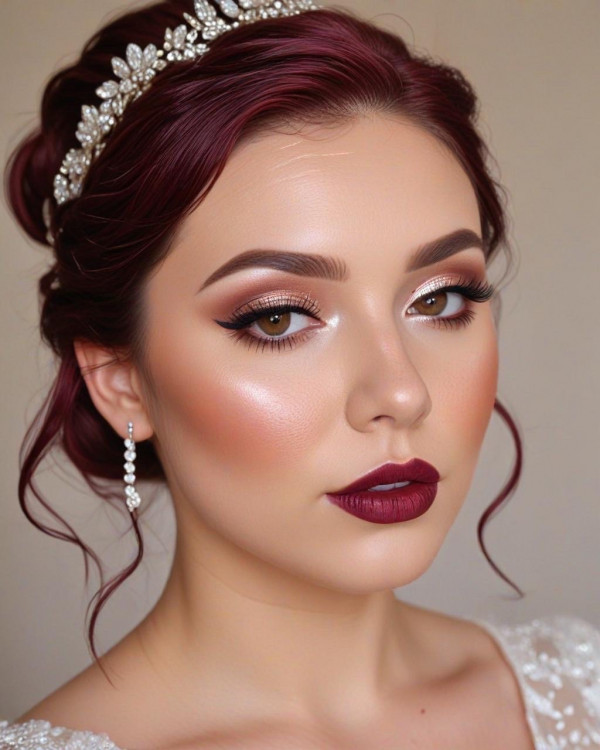 Deep Burgundy Hair and Bold Lips, Bridal Makeup Looks for Every Hair Colour, bridal makeup, wedding makeup, soft glam bridal makeup