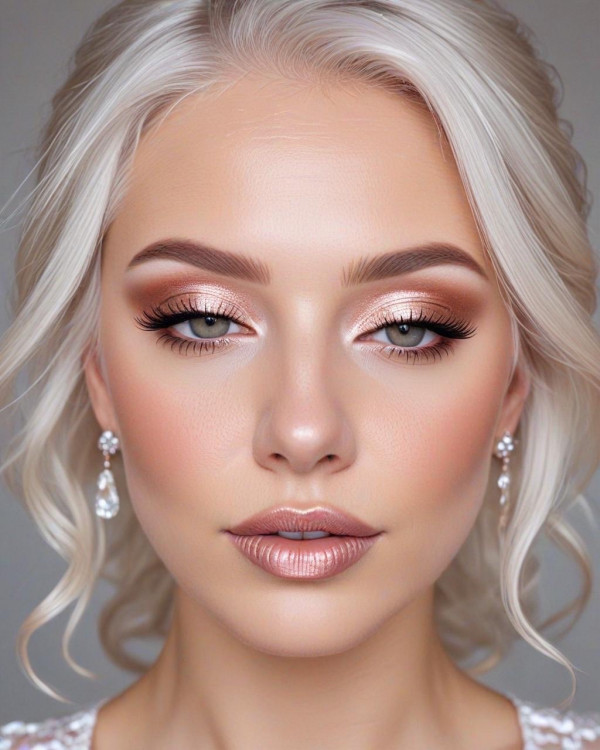 42 Bridal Makeup Looks for Every Hair Colour : Icy blonde Hair, Soft Champagne + Nude Bronze Bridal Look