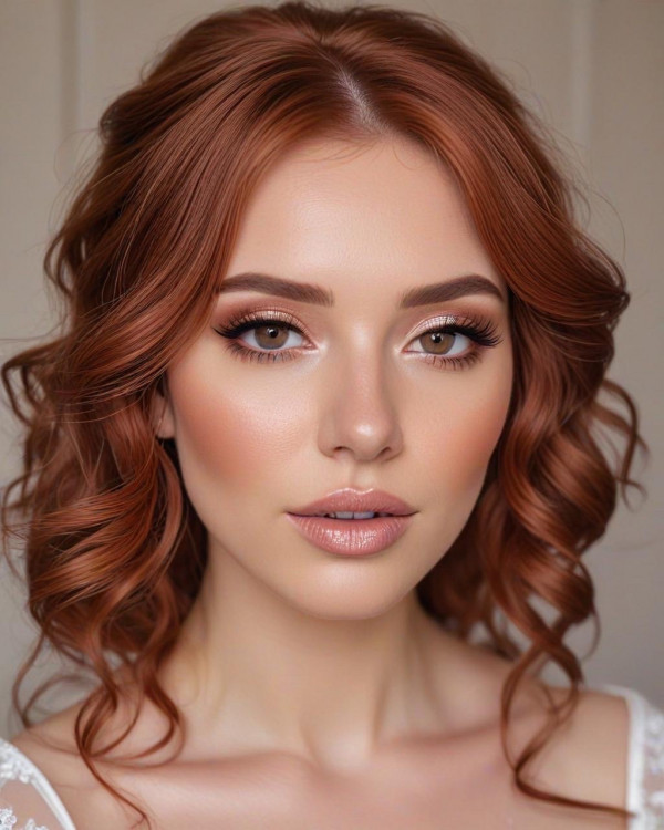 Auburn and Glossy Nude Bridal Look , Bridal Makeup Looks for Every Hair Colour, bridal makeup, wedding makeup, soft glam bridal makeup