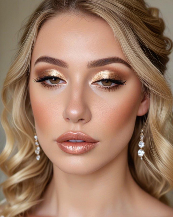 Golden Glam and Glossy Nude Bridal Look , Bridal Makeup Looks for Every Hair Colour, bridal makeup, wedding makeup, soft glam bridal makeup