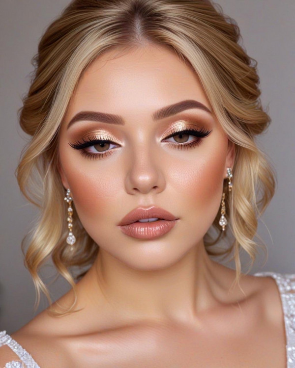 42 Bridal Makeup Looks for Every Hair Colour : Soft Gold and Peachy Nude Bridal Look