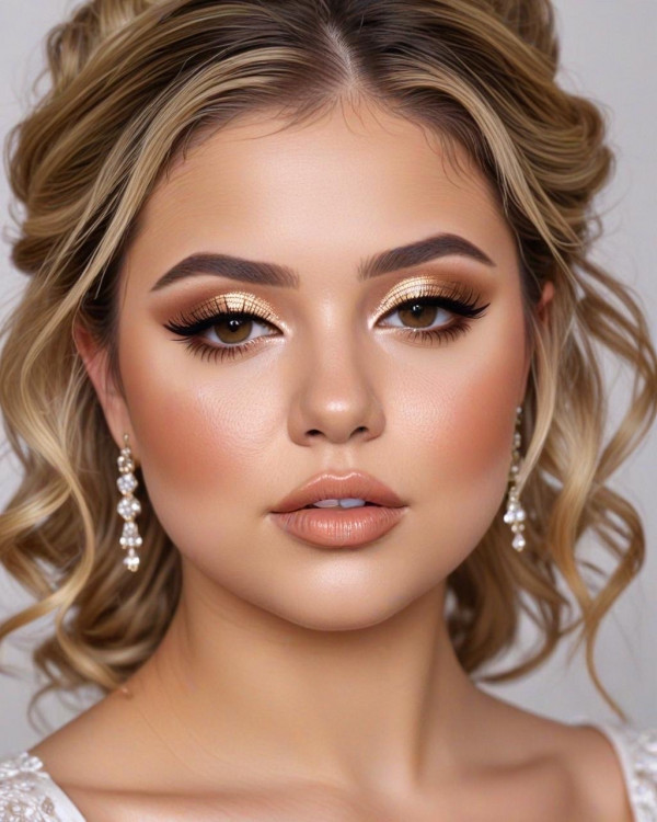 42 Bridal Makeup Looks for Every Hair Colour : Golden Bronze Chubby Face Bridal Glam