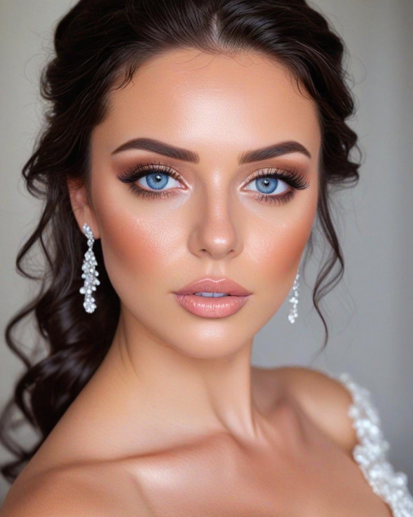 42 Bridal Makeup Looks for Every Hair Colour : Deep Brunette Hair with Blue Eyes