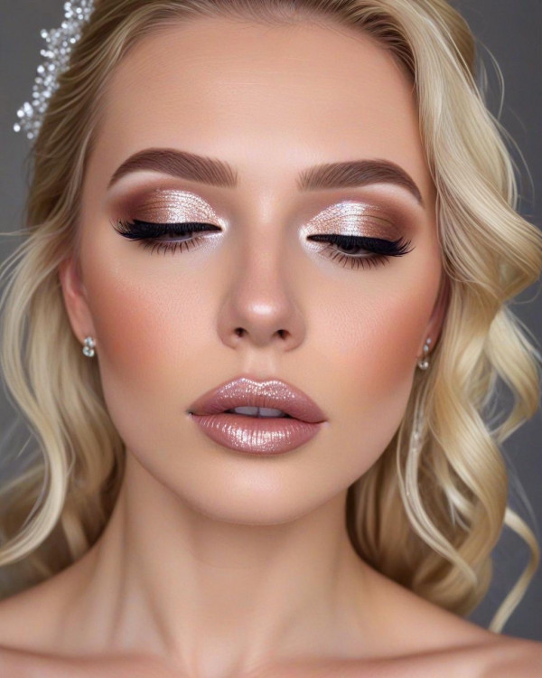 Shimmering Champagne Hair and Glossy Nude Bridal Look, Bridal Makeup Looks for Every Hair Colour, bridal makeup, wedding makeup, soft glam bridal makeup