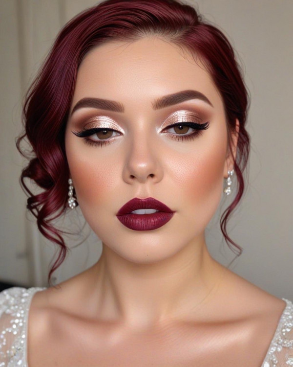 Bold Burgundy and Glam Bridal Look, Bridal Makeup Looks for Every Hair Colour, bridal makeup, wedding makeup, soft glam bridal makeup