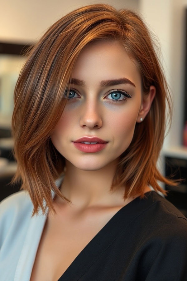 32 Low-Maintenance Medium-Length Haircuts : Side-Parted Copper Bob with Soft Layers