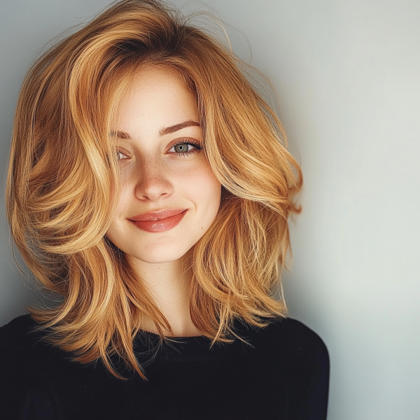 32 Low-Maintenance Medium-Length Haircuts : Voluminous Strawberry Blonde Layers