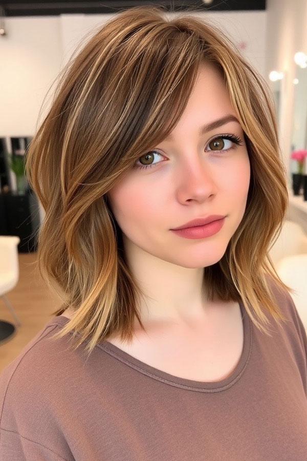 32 Low-Maintenance Medium-Length Haircuts : Layered Lob with Side-Swept Bangs