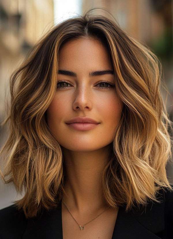 32 Low-Maintenance Medium-Length Haircuts : Loose Waves with Golden Highlights