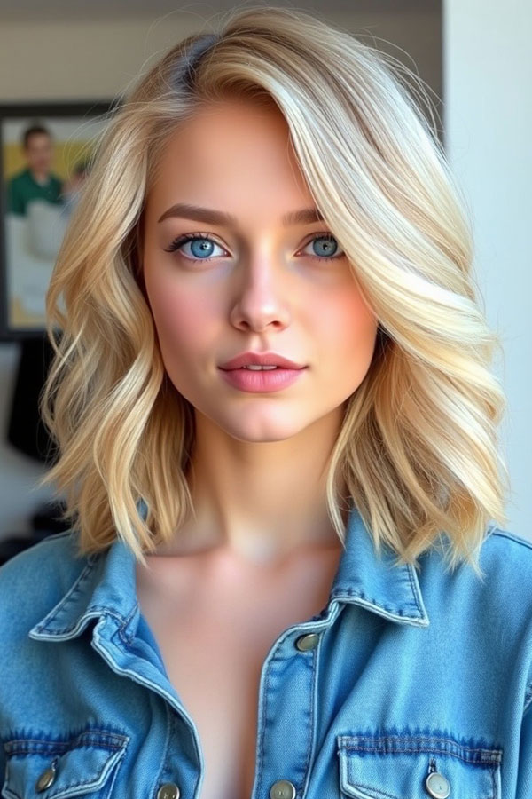 32 Low-Maintenance Medium-Length Haircuts : Voluminous Blonde Waves with Side Part