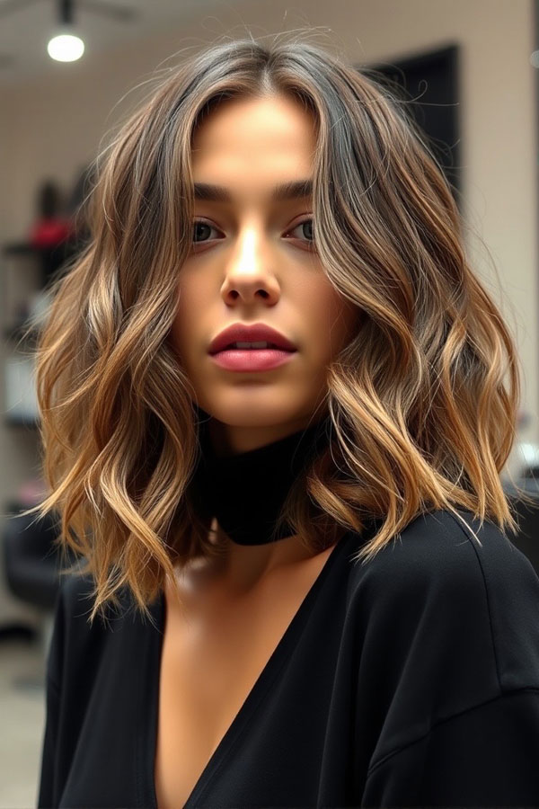 32 Low-Maintenance Medium-Length Haircuts : Textured Wavy Lob with Caramel Highlights