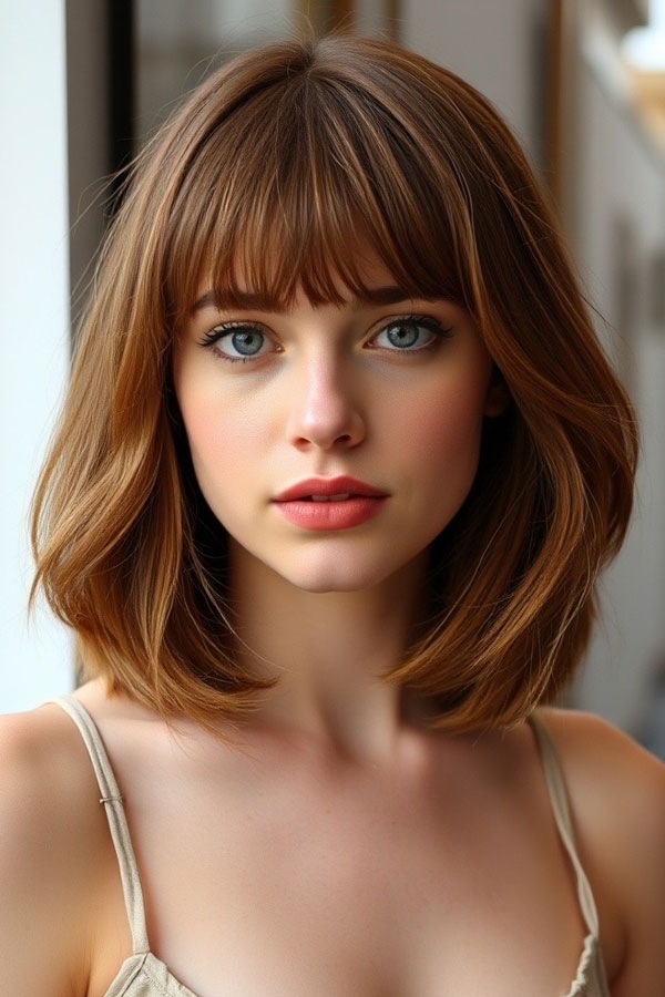 32 Low-Maintenance Medium-Length Haircuts : Blunt Bob with Wispy Bangs