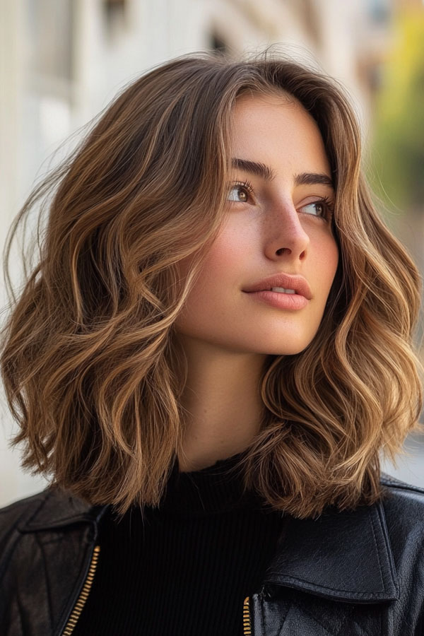 32 Low-Maintenance Medium-Length Haircuts : Voluminous Wavy Lob with Balayage