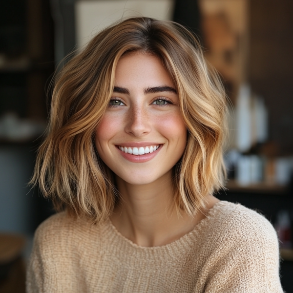 32 Low-Maintenance Medium-Length Haircuts : Textured Wavy Bob with Honey Blonde Highlights