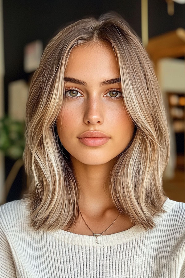 32 Low-Maintenance Medium-Length Haircuts : Sun-Kissed Blonde Lob with Middle Part