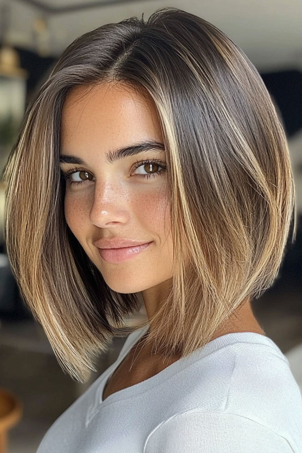 32 Low-Maintenance Medium-Length Haircuts : Angled Bob with Face-Framing Highlights