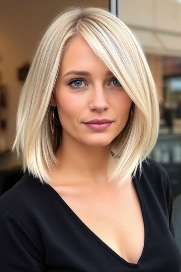 32 Low-Maintenance Medium-Length Haircuts : Side-Parted Platinum Blonde Bob