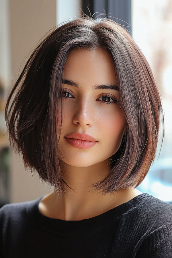 32 Low-Maintenance Medium-Length Haircuts : Sleek Brunette Bob with Middle Part