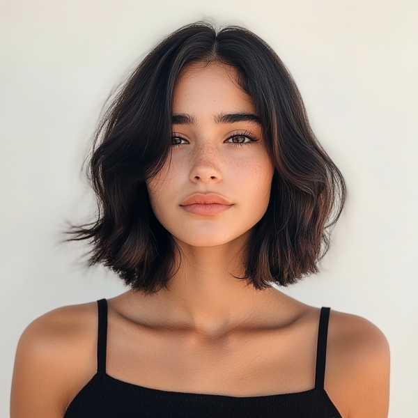 32 Low-Maintenance Medium-Length Haircuts : Tousled Wavy Bob with Middle Part