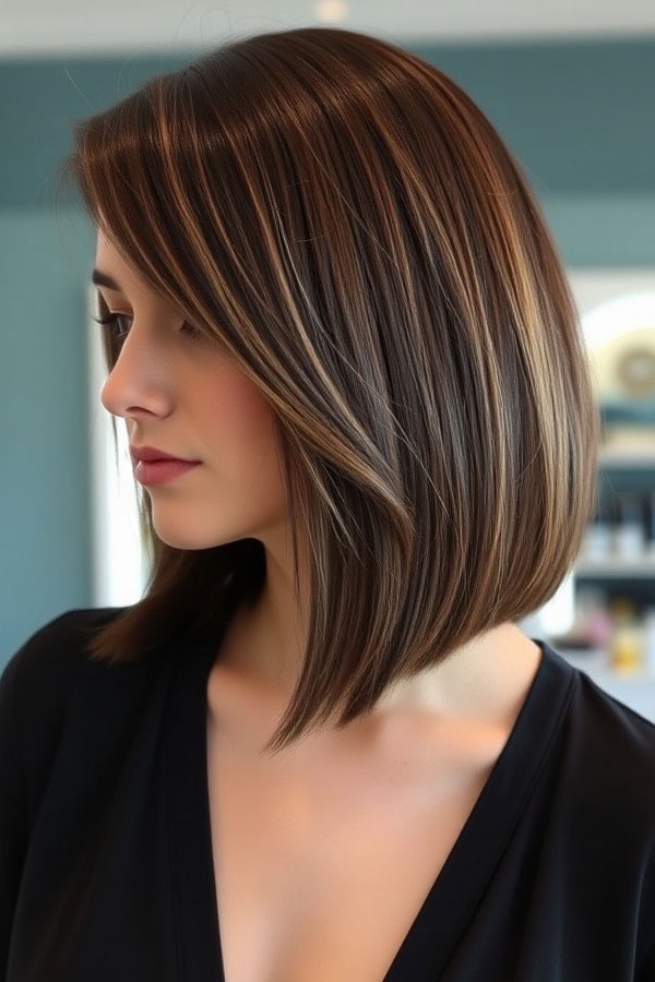 32 Low-Maintenance Medium-Length Haircuts : Sleek Angled Bob with Subtle Highlights