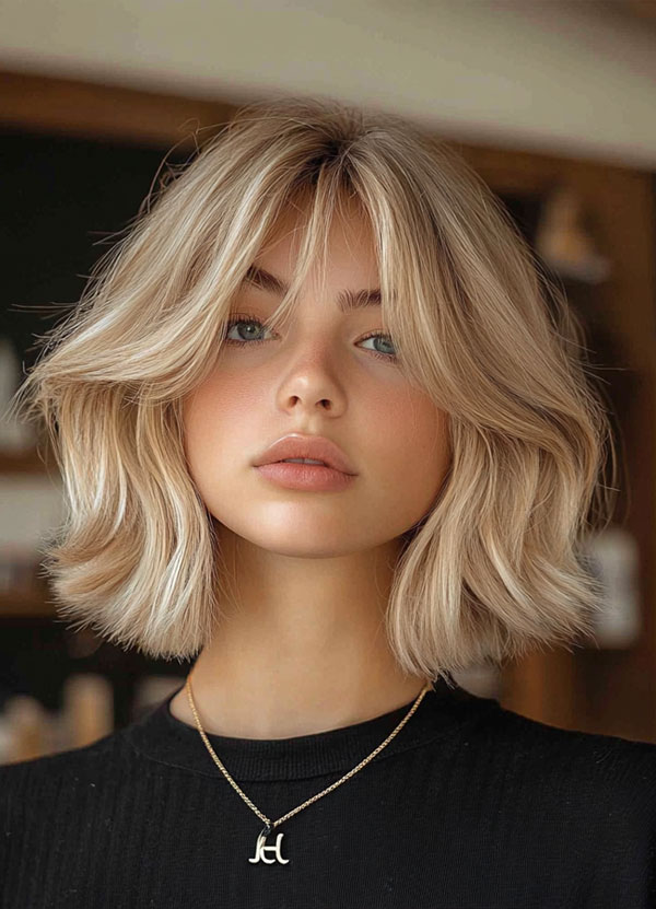 32 Low-Maintenance Medium-Length Haircuts : Soft Blonde Bob with Curtain Bangs