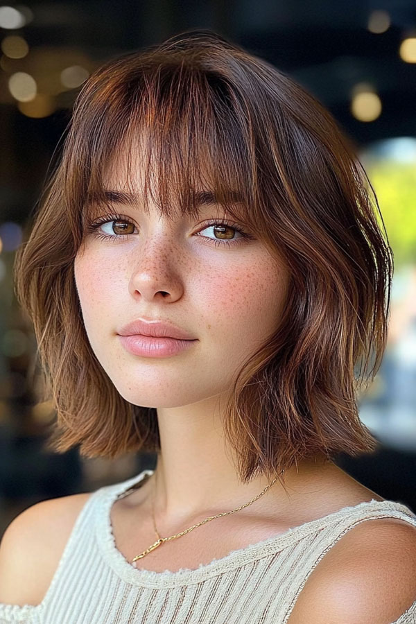 32 Low-Maintenance Medium-Length Haircuts : Textured Brown Bob with Wispy Bangs