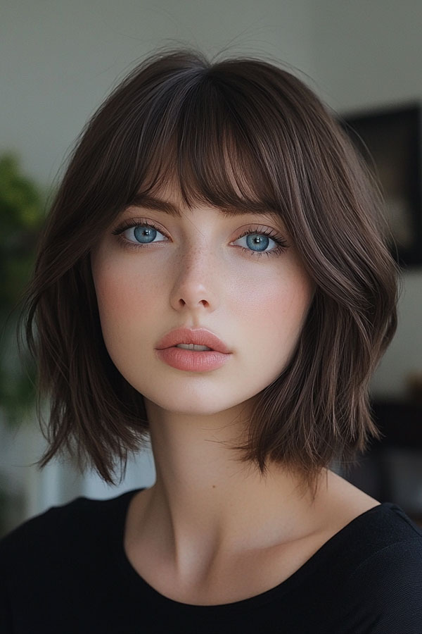 32 Low-Maintenance Medium-Length Haircuts : Classic Brunette Textured Bob with Full Fringe