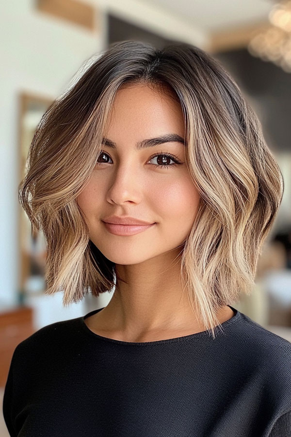 32 Low-Maintenance Medium-Length Haircuts : Wavy Blonde Bob with Face-Framing Highlights